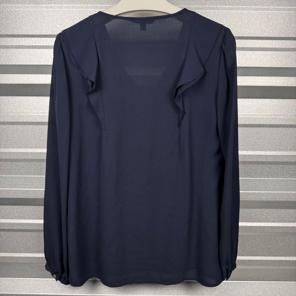 Banana Republic Navy Blue Chiffon Ruffle Front V-Neck Long Sleeve Blouse Size S - Picture 10 of 12